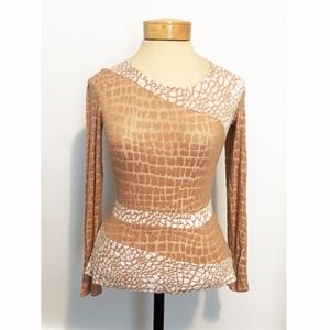 BCBG Beige/White Textured Knit Animal Print Top